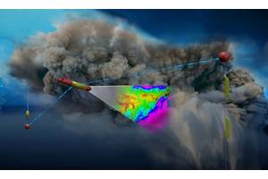 An artist’s depiction of LRAUV under sea ice. Using photo-chemical sensors, the robot scans the density of a billowing cloud of oil coming from an ocean floor well. The red and yellow objects are parts of a communication system consisting of antennas suspended under ice from a buoy installed on top of the ice.  Graphic by ADAC.