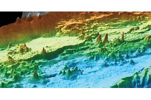 A computer-generate view of the seafloor that shows some of the hydrothermal chimneys in the Endeavour hydrothermal vent field. © 2020 MBARI