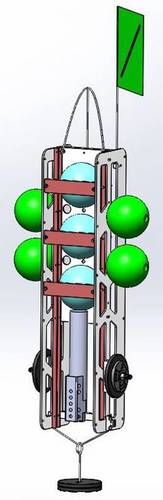 Figure 3.  The Global Ocean Design Nanolander can be fitted with side pods (left) that carry additional 10-inch spheres for flotation or payload, or simply fitted with auxiliary buoyancy (right), in this example trawl floats with center holes used to secure them to the frame.  Auxiliary flotation is always added equally to both sides, 2 on each side shown here.  A bottom grab may require additional buoyancy to lift a sample.  Rocks and sediment have a specific gravity of 2.7, so they lose more t