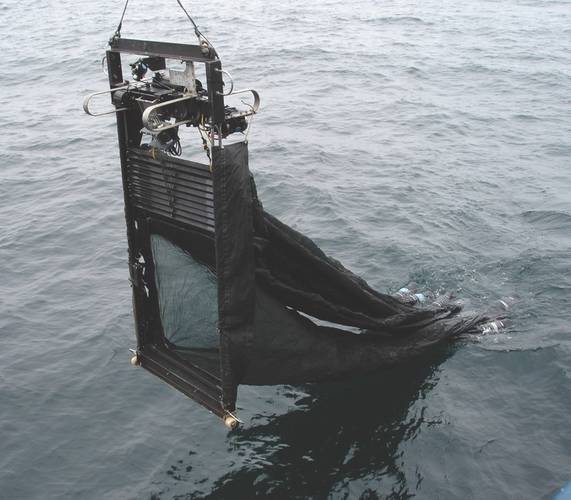 Figure 3: The Mocness with multiple plankton nets for sampling at discrete depths.  Sea-Bird environmental sensing instruments are located on the top of the large steel frame. (Image: Courtesy Kevin Hardy and Atacamex 2018)