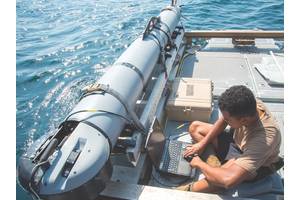 Mineman 3rd Class John Stephen-Torres, Commander, Task Group (CTG) 56.1, observes data from a MK 18 MOD 2 UUV for a training evolution during a mine countermeasures squadron exercise (SQUADEX) aboard the Bay-class landing dock ship Cardigan Bay (L3009) of the Royal Fleet Auxiliary. CTG 56.1 conducts mine countermeasures, explosive ordnance disposal, salvage-diving, and force protection operations throughout the U.S. 5th Fleet area of operations. (U.S. Navy photo by Jonah Stepanik)