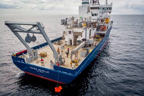 On November 4, 2020, the R/V Roger Revelle is pictured out at sea for a ten-day commissioning and calibration cruise following its midlife refit. Engineers and techs were tasked with testing, calibrating, and commissioning the updated instrumentation and systems.  Bruce Appelgate, Associate Director of Scripps Institution of Oceanography, was the PI and chief scientist aboard.
Copyright Andrew Jorgensen / 2025 Scripps Institution of Oceanography / UC San Diego