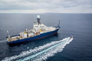 The R/V Roger Revelle pictured at sea for a 10-day commissioning and calibration cruise following its midlife refit. Photo Copyright: Scripps Institution of Oceanography